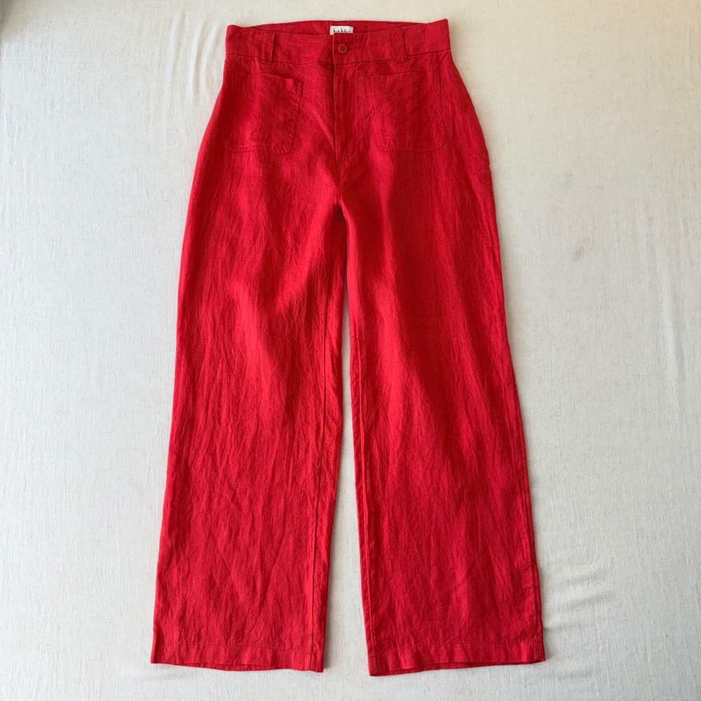 Nicole Miller 100% Linen High Waisted Wide Leg Pants Womens 6 Red